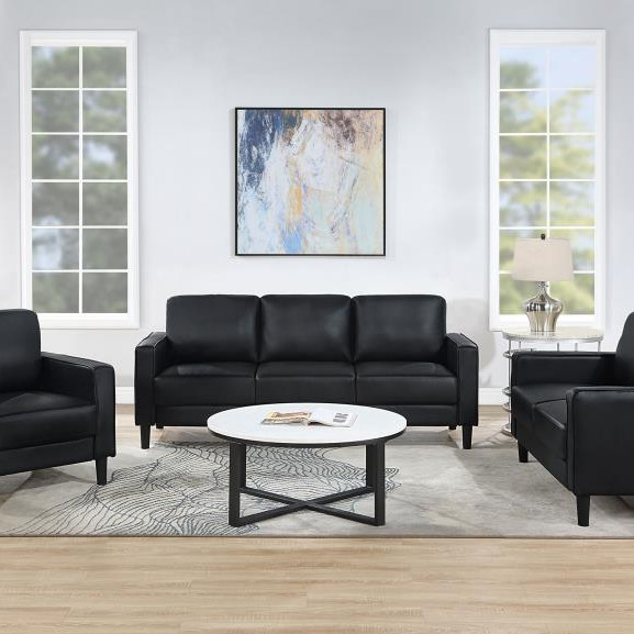508361-S3 Ruth 3-Piece Upholstered Track Arm Faux Leather Sofa Set Black