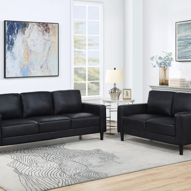 508361-S2 Ruth 2-Piece Upholstered Track Arm Faux Leather Sofa Set Black