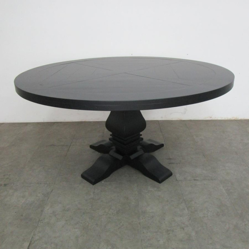 115530 Florence Round Pedestal Dining Table with Planked Wood Top Antique Black
