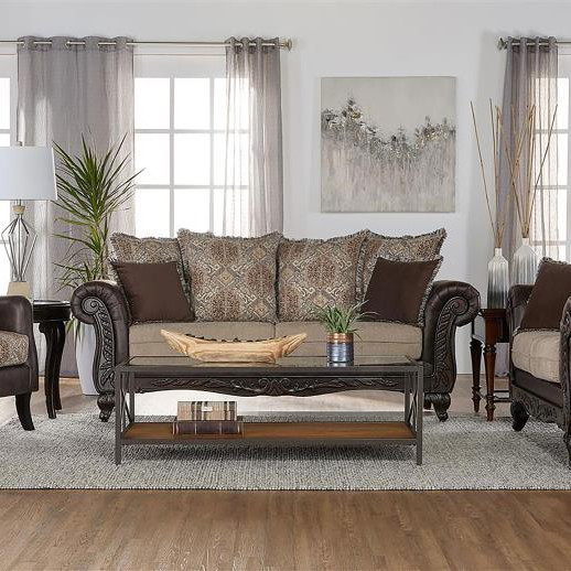 508571-S3 Elmbrook 3-piece Upholstered Rolled Arm Sofa Set with Intricate Wood Carvings Brown