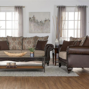 508571-S2 Elmbrook 2-piece Upholstered Rolled Arm Sofa Set with Intricate Wood Carvings Brown