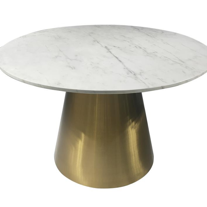 107600 Ambrose Round Dining Table Genuine Marble With Stainless Steel White And Gold