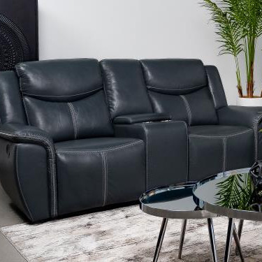 610272 Sloane Upholstered Motion Reclining Loveseat With Console Blue