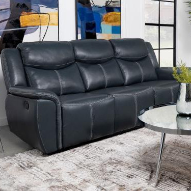 610271 Sloane Upholstered Motion Reclining Sofa With Drop Down Table Blue