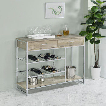 182275 Melrose 2-Shelf Wine Cabinet With 2 Drawers Gray Washed Oak And Chrome