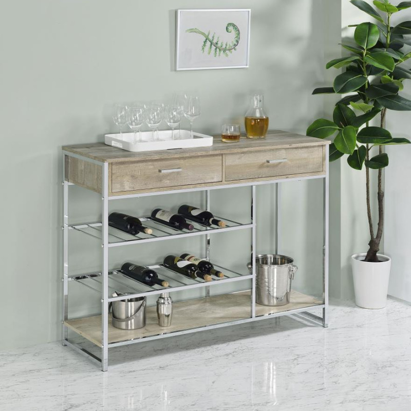 182275 Melrose 2-Shelf Wine Cabinet With 2 Drawers Gray Washed Oak And Chrome