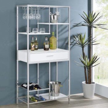 182034 Figueroa 5-Shelf Wine Cabinet With Storage Drawer White High Gloss And Chrome