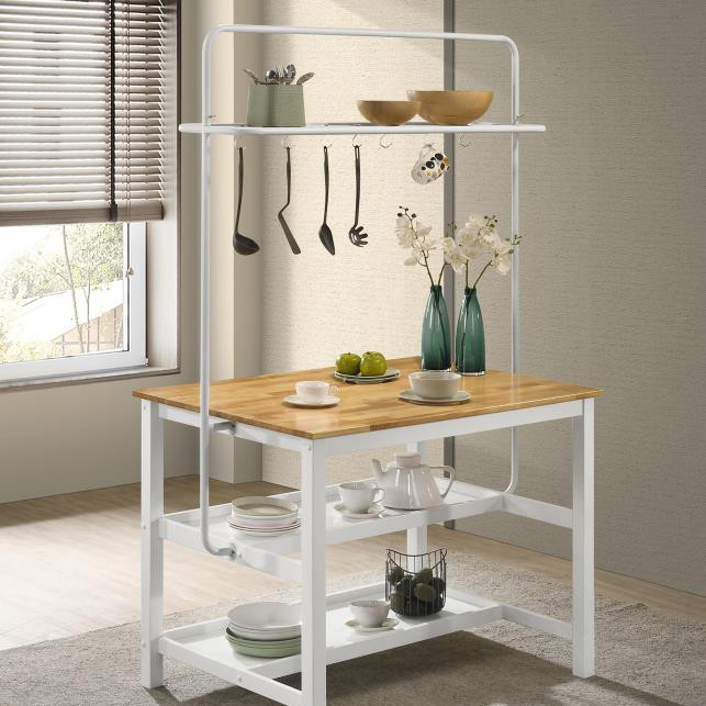 122246 Hollis Kitchen Island Counter Height Table With Pot Rack Brown And White