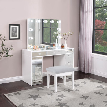 930245 Regina 3-Piece Makeup Vanity Table Set Hollywood Lighting White And Mirror
