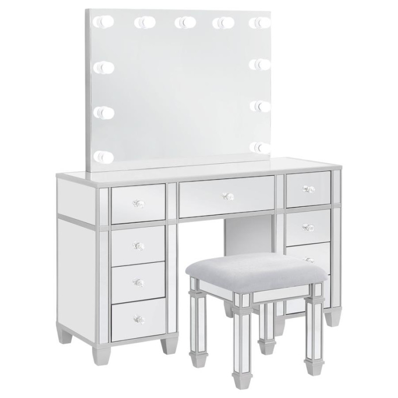 930242 Allora 9-Drawer Mirrored Storage Vanity Set With Hollywood Lighting Metallic
