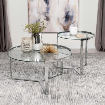 708400 Delia 2-Piece Round Glass Top Nesting Coffee Table Clear And Chrome