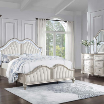 223391KE-S4 Evangeline 4-Piece Upholstered Platform Eastern King Bedroom Set Ivory And Silver Oak