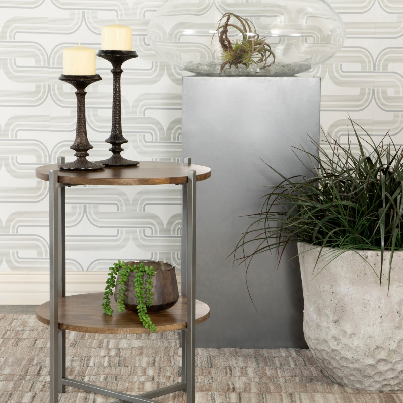 935993 Round Accent Table With Open Shelf Natural And Gunmetal