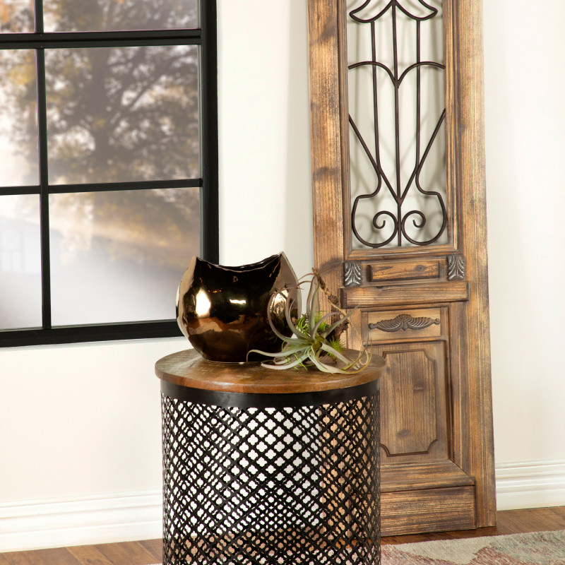 935990 Round Accent Table With Drum Base Natural And Black