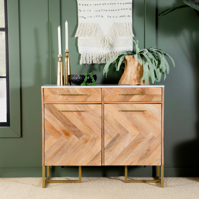 951139 2-Door Accent Cabinet With Marble Top Natural And Antique Gold