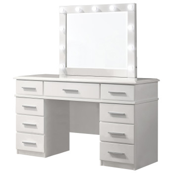 203507 Felicity 9-Drawer Vanity Desk With Lighted Mirror Glossy White