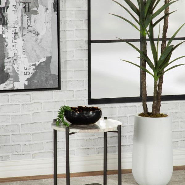 931204 Round Accent Table with Marble Top White and Gunmetal