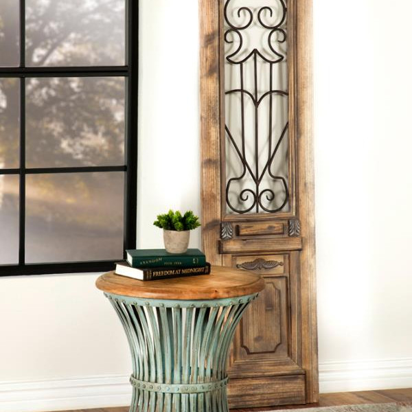 931198 Round Accent Table with Natural Top and Blue Distressed Base