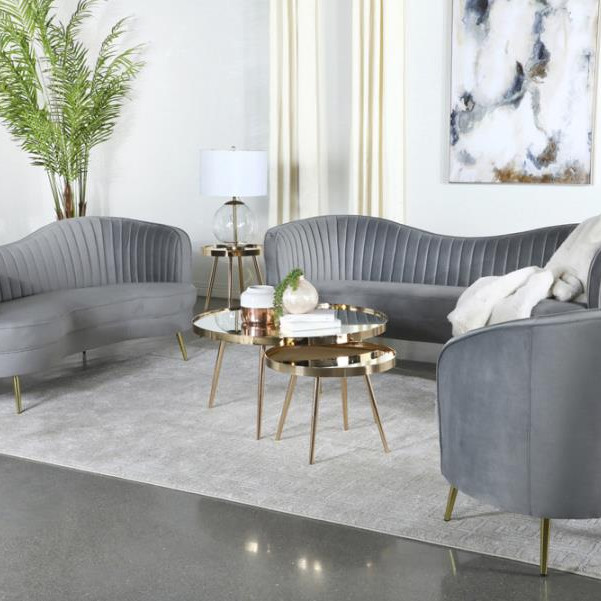 506864-S3 Sophia 3-piece Upholstered Living Room Set with Camel Back Grey and Gold