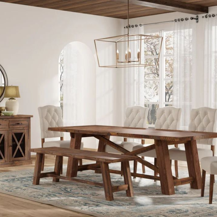 4068-01-7PC 7PC SETS Newberry Rectangular Dining Table, Medium Brown + 5 Side Chairs + Bench