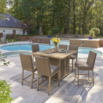 P749-665-130(6) 7PC SETS Walton Bridge Outdoor Bar Table with Fire Pit