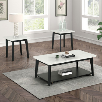 FM44002WH-3PC 3PC SETS Thisted Rectangle Marble Coffee Table w/ Casters + End Table + Coffee Table