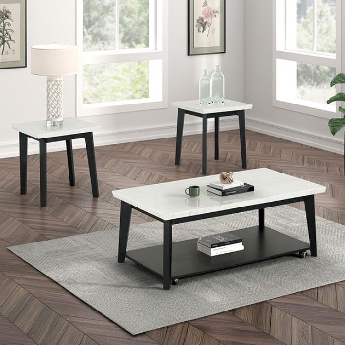 FM44002WH-3PC 3PC SETS Thisted Rectangle Marble Coffee Table w/ Casters + End Table + Coffee Table