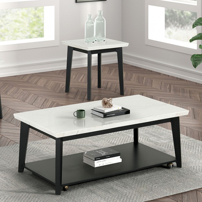 FM44002WH-CR Thisted Rectangle Marble Coffee Table w/ Casters