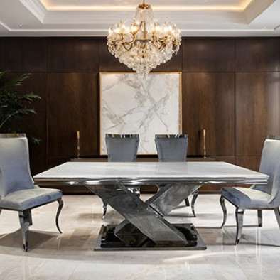 FM33002SV-T-TABLE-5PC1 5PC SETS Palazzo Dining Table + 4 Silver Chairs