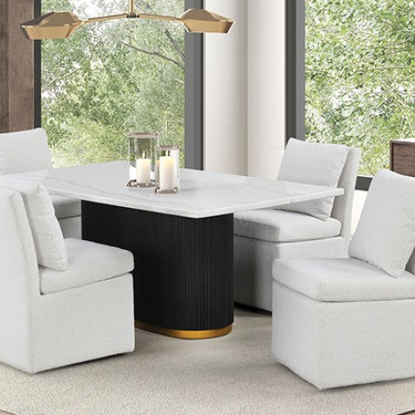 FM3432WH-T-TABLE-5PC 5PC SETS Morges Rect Dining Marble Table + 4 Dining Chairs