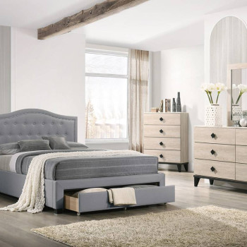 F9528Q QUEEN BED W/DRAWER-LIGHT GREY BURPLAP