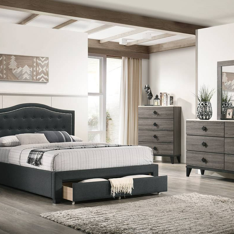 F9527F FULL BED W/DRAWER-CHARCOAL BURPLAP