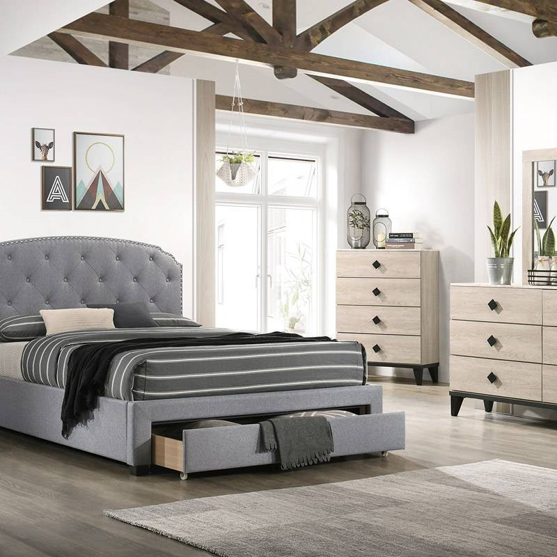 F9510Q QUEEN BED W/DRAWER-LIGHT GREY BURPLAP