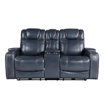 9640BU-2PWH Power Double Reclining Love Seat with Center Console, Power Headrests and Storage Arms