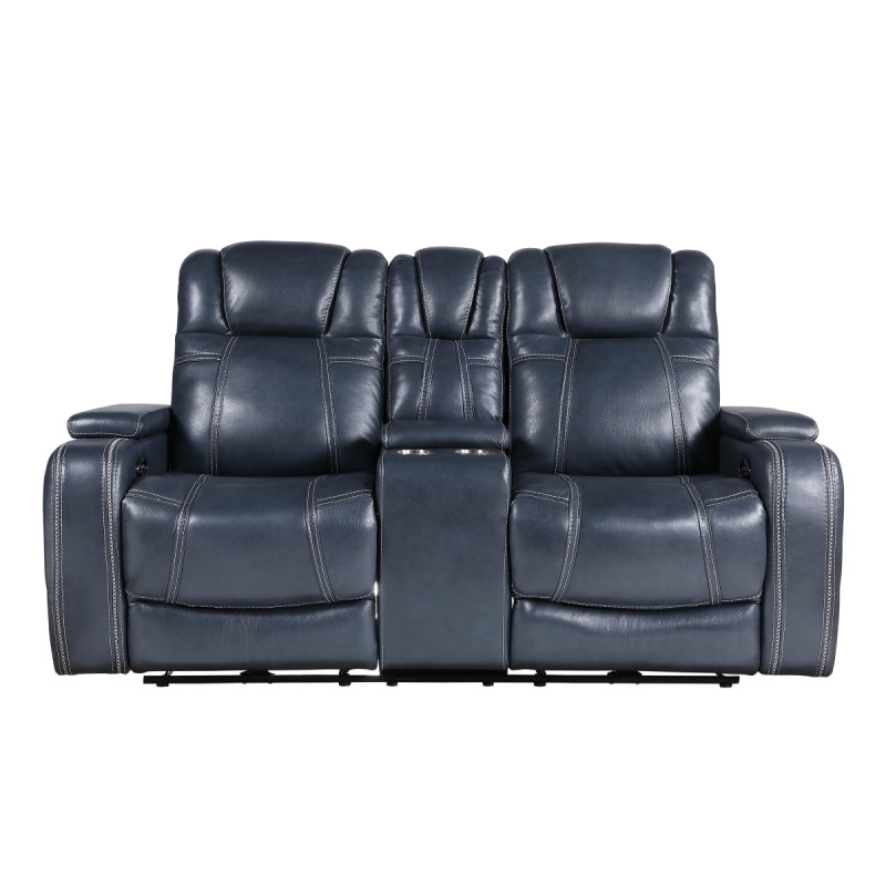 9640BU-2PWH Power Double Reclining Love Seat with Center Console, Power Headrests and Storage Arms
