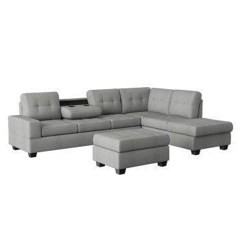 9507GRY*3OT 3-Piece Reversible Sectional with Drop-Down Cup Holders and Storage Ottoman