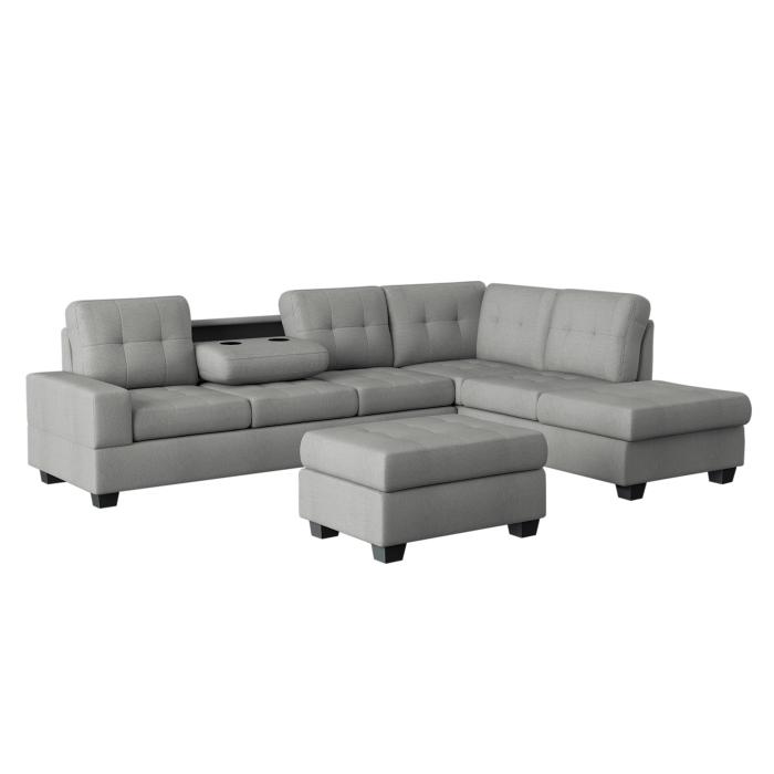9507GRY*3OT 3-Piece Reversible Sectional with Drop-Down Cup Holders and Storage Ottoman