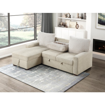 9605BE*2LCRL 2-Piece Sectional with Left Chaise and Drop-Down Cup holders, Storage Pouch, Pull-out Bed and Hidden Storage