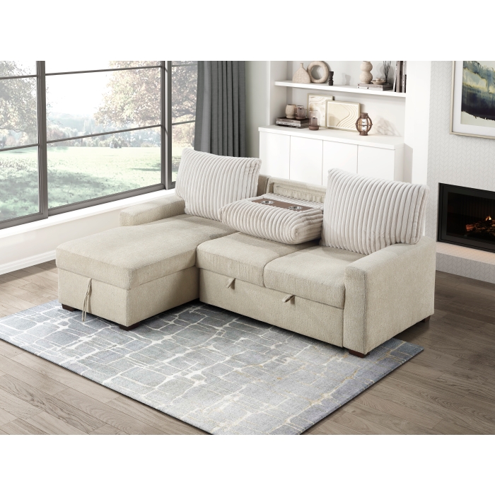 9605BE*2LCRL 2-Piece Sectional with Left Chaise and Drop-Down Cup holders, Storage Pouch, Pull-out Bed and Hidden Storage