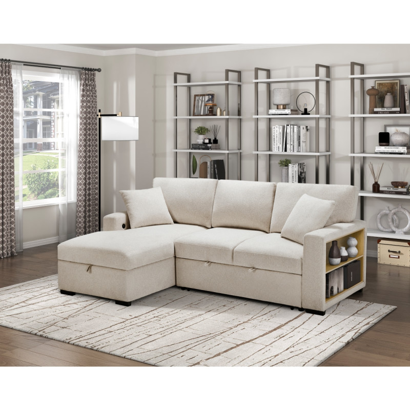 9630BE*2LC2R Sectional with Left Chaise, Pull-out Bed and Hidden Storage, Charging Ports