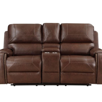 8549BRW-2 Double Glider Reclining Love Seat with Center Console, Receptacles and USB Ports