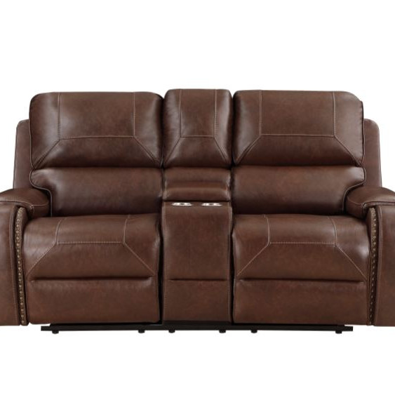 8549BRW-2 Double Glider Reclining Love Seat with Center Console, Receptacles and USB Ports