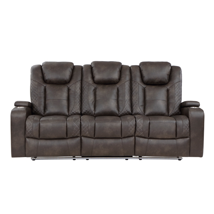 9211BRG-3PWH Power Double Reclining Sofa with Center Drop-Down Cup Holders, Power Headrests, Storage Arms and Cup holders
