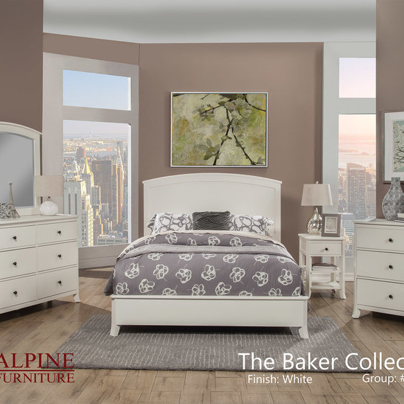 977-W Alpine Furniture 977-W-01Q Baker 4PC SETS Queen Panel Bed White Finish