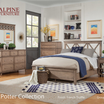 1055 Alpine Furniture 1055-01Q Potter 4PC SETS Queen Panel Bed French Truffle Finish
