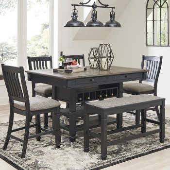 D736-32-124(4)-09 6PC SETS Tyler Creek RECT Dining Room Counter Table + 4 Barstool + Bench