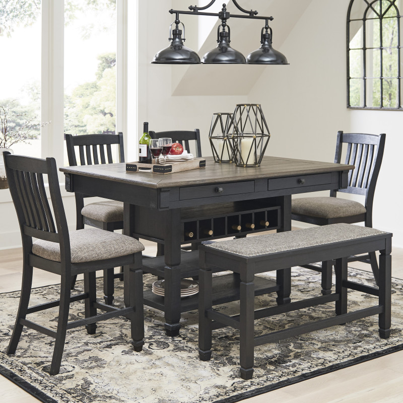 D736-32-124(4)-09 6PC SETS Tyler Creek RECT Dining Room Counter Table + 4 Barstool + Bench