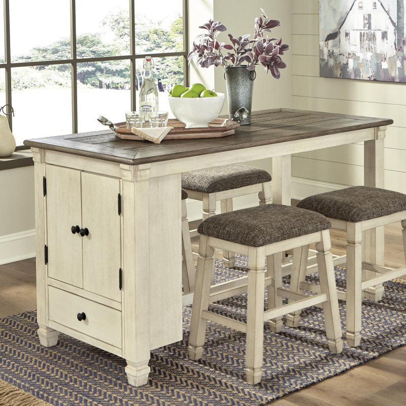 D647 Bolanburg 5PC SETS RECT Dining Room Counter Table + 4 Upholstered Stool