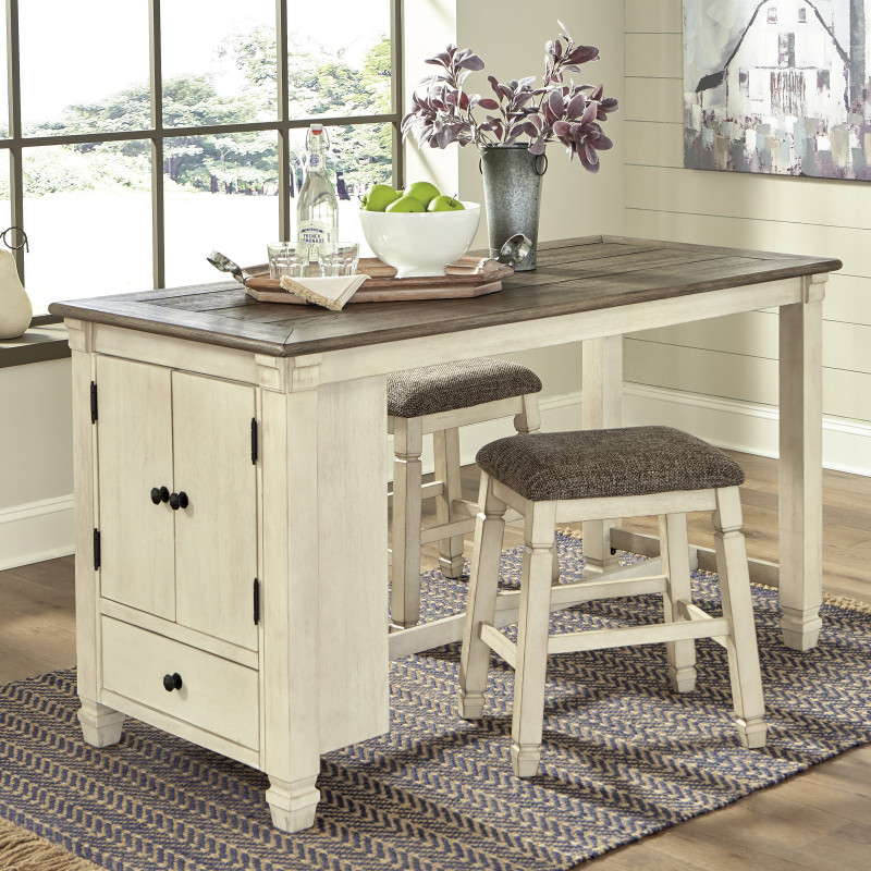 D647 Bolanburg 3PC SETS RECT Dining Room Counter Table + 2 Upholstered Stool