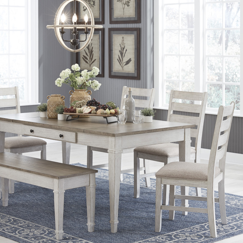 D394 6PC SETS Skempton RECT DRM Table w/Storage + 4 Side Chairs + Bench